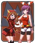  2girls bare_arms bare_shoulders bike_shorts bike_shorts_under_shorts blue_eyes bow bow_hairband breasts brown_hair cleavage collarbone cosplay costume_switch courtney_(pokemon) courtney_(pokemon)_(cosplay) cowlick dress els_(ljhlee12) fake_horns hair_bow hairband hand_on_own_hip hood hooded_vest hoodie horned_headwear horned_hood horns long_sleeves may_(pokemon) may_(pokemon)_(cosplay) medium_breasts multiple_girls pokemon pokemon_oras purple_eyes purple_hair red_bow red_dress red_hairband red_hood red_shirt ribbed_dress ribbed_sweater shirt shorts sleeveless sleeveless_shirt sweater swept_bangs team_magma_uniform vest white_shorts 