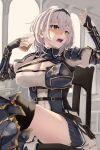  1girl armor astoral braid chair french_braid green_eyes grey_hair hairband highres hololive on_chair pauldrons shirogane_noel shirogane_noel_(1st_costume) shoulder_armor single_pauldron sitting virtual_youtuber 