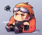  1boy bandaid bandaid_on_face bean_bag_chair black_gloves black_jacket black_pants chibi closed_mouth fingerless_gloves gloves goggles goggles_on_head grey_background hwoarang_(tekken) jacket kotorai male_focus no_nose orange_eyes orange_footwear orange_hair pants short_hair sitting solo squiggle tekken tekken_8 