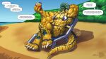 16:9 abs agonwolfe anthro beach big_muscles bikini chilling claws clothing drinking english_text female flip_flops food footwear fruit hair hi_res huge_muscles humanoid hyper hyper_muscles lizard markings muscular muscular_female pineapple plant reptile sandals scalie seaside solo spots spotted_markings swimwear text tied_hair toe_claws widescreen