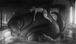 2023 anthro belly big_belly black_and_white black_body black_skin bottomwear bovid building caprine cettus city clothed clothing dragon duo eye_contact eyes_closed fat_rolls featureless_chest fritjof hi_res huge_belly immobile looking_at_another lying lying_on_another macro male male/male mammal monochrome moobs morbidly_obese morbidly_obese_anthro morbidly_obese_male night nude obese obese_anthro obese_male on_front outside overweight overweight_anthro overweight_male partially_submerged pool reclining sheep shorts size_difference stairs tail topless water