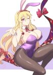  1girl black_leotard blonde_hair bow breasts cleavage commentary_request detached_collar gap_(touhou) heart large_breasts leotard long_hair mikagami_hiyori one_eye_closed playboy_bunny purple_background purple_eyes purple_leotard red_bow solo touhou yakumo_yukari 