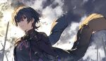  1boy armor black_armor black_cape blue_eyes blue_hair byleth_(fire_emblem) byleth_(male)_(fire_emblem) cape closed_mouth cloud commentary expressionless fire_emblem fire_emblem:_three_houses hair_between_eyes highres looking_at_viewer male_focus outdoors short_hair sky solo un_tapoi 