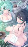  2girls ahoge ass black_hair breasts bucket feathered_wings green_eyes green_hair hair_ornament highres looking_at_viewer mikaze_oto multicolored_hair multiple_girls onsen original partially_submerged streaked_hair towel water white_wings wings wooden_bucket 