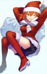  1girl black_shorts boots bow fate/grand_order fate_(series) fujimaru_ritsuka_(female) hat holding holding_sack one_eye_closed orange_eyes orange_hair red_footwear sack santa_costume santa_hat shorts somemiya_suzume thigh_boots twitter_username white_bow 