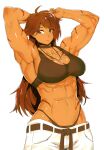  1girl abs absurdres antenna_hair belt breasts brown_eyes brown_hair choker cleavage cross cross_necklace dark_skin denim highres jeans jewelry long_hair looking_to_the_side minew muscular muscular_female necklace original pants scar simple_background tank_top thong white_background 
