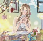  1boy 1girl aerith_gainsborough aerith_gainsborough_(fairy_of_snowfall) aqua_nails bare_shoulders blurry blurry_background breasts brown_hair candy candy_cane christmas christmas_stocking cloud_strife cup dress eni_(yoyogieni) fenrir_(final_fantasy) final_fantasy final_fantasy_vii final_fantasy_vii_ever_crisis final_fantasy_vii_remake food green_eyes hair_ribbon halter_dress halterneck hat highres highwind holding holding_jewelry holding_ring indoors jewelry long_hair looking_at_viewer medium_breasts merchandise multiple_rings nail_polish official_alternate_costume open_mouth own_hands_together parted_bangs red_ribbon ribbon ring santa_hat ship_in_a_bottle sidelocks sweater sweater_dress turtleneck turtleneck_sweater watch white_dress wristwatch 