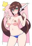  1girl aile_(mega_man_zx) bandaid bandaids_on_nipples bikini blue_bikini blush breasts brown_hair buzzlyears cleavage closed_mouth collarbone green_eyes highres large_breasts long_hair looking_at_viewer mega_man_(series) mega_man_zx navel nervous_smile pasties smile solo sweat swimsuit topless v 