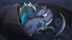 absurd_res blue_body blue_fur dark_body dark_scales dragon duo ezevin feral fur hi_res looking_at_another male male/male monk_(character) night_key red_eyeliner scales sergal simple_background