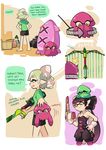  aori_(splatoon) black_shorts bow box cardboard_box domino_mask echolocator_(splatoon) english hiding holding holding_weapon hotaru_(splatoon) ink_tank_(splatoon) inkling mask multiple_girls n-zap_(splatoon) shirt shorts splash_wall_(splatoon) splat_charger_(splatoon) splatoon_(series) splatoon_1 squid t-shirt tentacle_hair trash_bag weapon wong_ying_chee 