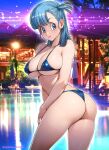  1girl ass bikini blue_bikini blue_eyes blue_hair breasts bulma dragon_ball dragon_ball_(classic) highres medium_breasts medium_hair oyaman pool smile solo swimsuit 