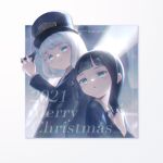  2021 2girls black_hair blue_jacket blue_robe border captaintcher christmas english_text grey_eyes highres holding_ticket hole_puncher jacket long_sleeves merry_christmas multiple_girls parted_lips robe smile the_polar_express train train_conductor white_border white_hair 