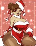  1girl bare_shoulders breasts christmas chun-li earrings hat highres jewelry large_breasts legendofnerd lips looking_at_viewer santa_hat sitting smile solo street_fighter thick_thighs thighs 