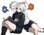  2boys annoyed bishounen black_shirt black_shorts blue_eyes book boots dante_(devil_may_cry) devil_may_cry_(series) highres multiple_boys reading shirt shorts vergil_(devil_may_cry) white_hair white_shirt www_(1184187582) 