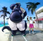 2023 anthro beach belly black_body black_skin blue_sky boardwalk boat bottomwear bovid building caprine cettus clothed clothing dessert dragon dress_shirt duo eye_contact eyewear featureless_chest flip_flops food footwear fritjof front_view fully_clothed fur hand_on_hip hi_res holding_food holding_object ice_cream jewelry looking_at_another looking_down_at_partner looking_up_at_partner macro male mammal moobs necklace obese obese_anthro obese_male open_clothing open_shirt open_topwear orange_eyes outside overweight overweight_anthro overweight_male palm_tree pants partially_clothed path path_lines plant sand sandals scalie sea seaside sheep shirt shoes shorts size_difference sky socks standing sunglasses tail tan_body tan_fur thick_tail topwear tree vehicle walking water watercraft window