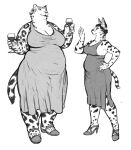 2023 alcohol anthro belly beverage black_and_white breasts cettus cleavage clothed clothing container cup dialogue dress drinking_glass duo felid feline female flat_colors footwear fully_clothed fur glass glass_container glass_cup hand_on_hip hi_res holding_glass holding_object holding_wine_glass ilse_lemaire jaguar line_art mammal monochrome overweight overweight_anthro overweight_female pantherine serval shoes size_difference spots spotted_body spotted_fur standing tail wine wine_glass