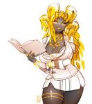  1girl arm_under_breasts artist_logo blonde_hair book bra bracelet breasts cleavage_cutout clothing_cutout cropped_legs dark_skin dress gold_eyeshadow gold_horns gold_lips gold_necklace highres holding holding_book huge_breasts jewelry kulve_taroth leglet looking_at_viewer looking_down monster_hunter_(series) necklace parted_lips pechan personification ring semi-rimless_eyewear smile solo thick_thighs thighs underwear white_background white_bra white_bustier white_dress yellow_eyes yellow_scales 