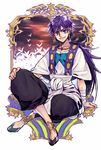  looking_at_viewer magi_the_labyrinth_of_magic male_focus oshioyu purple_hair sinbad_(magi) sitting smile solo yellow_eyes younger 