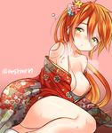  areolae ass black_gloves blush breasts cleavage earrings floral_print flower gloves gradient gradient_background gradient_hair green_eyes hair_flower hair_ornament heavy_breathing japanese_clothes jewelry kimono large_breasts leilan_(p&amp;d) long_hair looking_at_viewer lying marshmallow_mille multicolored_hair off_shoulder on_side orange_hair parted_lips pink_background puzzle_&amp;_dragons side_ponytail solo sweat 