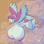 absurd_res anthro avian avian_feet beak big_breasts big_nipples bird blue_body breast_expansion breasts cloudscape ellipsis european_mythology expansion eyebrows feathers female flying greek_mythology hair hanging_breasts harpy hi_res huge_breasts hyper hyper_breasts kuuchor multicolored_body mythological_avian mythology nipples pink_nipples purple_hair raised_eyebrows sky solo spread_wings tail_feathers winged_arms wings worried