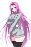  1girl absurdres arm_under_breasts black_thighhighs breasts closed_mouth facial_mark fate/stay_night fate_(series) forehead_mark glasses grey_sweater highres kirikan_(cokekiri) large_breasts long_hair long_sleeves medusa_(fate) medusa_(rider)_(fate) purple_eyes purple_hair rectangular_eyewear ribbed_sweater solo sweater thighhighs turtleneck turtleneck_sweater very_long_hair 