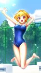  1girl :d arm_behind_head arm_up armpits bare_arms bare_legs barefoot blonde_hair blue_one-piece_swimsuit bouncing_breasts breasts collarbone covered_navel day doukyuusei_another_world fence full_body game_cg hair_intakes horiide_mika jumping kakyuusei_2 lens_flare looking_at_viewer medium_breasts official_art one-piece_swimsuit open_mouth outdoors red_eyes school_swimsuit short_hair smile solo spaghetti_strap swimsuit 