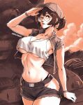  1girl arm_up baseball_cap belt black_panties bracelet breasts brown_eyes brown_hair brown_jacket brown_shorts covered_nipples crop_top cropped_jacket cutoffs fio_germi glasses hand_up hat highleg highleg_panties highres hip_vent jacket jewelry large_breasts looking_at_viewer metal_slug midriff military_vehicle missfaves motor_vehicle navel no_bra open_clothes open_jacket panties ponytail round_eyewear short_hair short_ponytail short_shorts short_sleeves shorts solo tank tank_top torn_clothes torn_shorts underboob underwear white_tank_top 