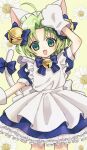  1girl ahoge animal_hat apron arm_up bell blue_bow blue_dress bow cat_hat cat_tail dejiko di_gi_charat dot_nose dress flower frilled_dress frills green_eyes green_hair hair_bell hair_ornament hat mittens open_mouth solo tail tail_bow tail_ornament wachita_(8t8t) white_apron white_flower white_mittens 