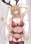  1girl animal_ears antlers arknights arm_behind_head arm_up armpits blonde_hair blue_eyes bra breasts collarbone commentary_request curtains deer_antlers deer_ears deer_girl garter_belt gino_(gino_h) highres indoors large_breasts lingerie long_hair looking_at_viewer navel panties pubic_hair red_bra red_panties smile solo stomach thighhighs underwear underwear_only viviana_(arknights) 