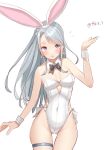  1girl animal_ears bare_shoulders blush breasts cleavage covered_navel detached_collar grey_hair highres kantai_collection leotard long_hair looking_at_viewer open_mouth playboy_bunny purple_eyes rabbit_ears rabbit_tail sagiri_(kancolle) simple_background small_breasts solo strapless strapless_leotard tail tetsukuzu_(yajirushi_shita) twitter_username white_leotard 