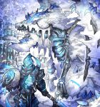  1other armor blue_theme commentary_request dragon grey_scarf highres holding holding_polearm holding_shield holding_weapon ice looking_to_the_side mansion mix_(candlmix) original pauldrons polearm ponytail scarf shield shoulder_armor skeleton snowing solo standing undead weapon winter 