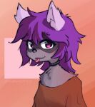 anthro azur746 choker clothing female fur grey_body grey_fur hair hybrid jewelry mammal necklace procyonid purple_eyes purple_hair raccoon simple_background solo tongue tongue_out