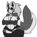 1:1 alrecsolus anthro areola areola_slip big_breasts bottomwear breasts camel_toe canid canid_demon clothing collar crop_top curvy_figure demon female hair hair_over_eye hands_on_hips hellhound helluva_boss hi_res hotpants huge_breasts legwear loona_(helluva_boss) mammal one_eye_obstructed piercing red_sclera shirt shorts solo thick_thighs thigh_highs topwear voluptuous