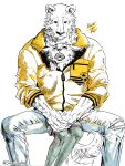 2021 5_fingers ai_(beastars) anthro anthro_on_anthro bear beastars bottomwear canid canine claws clothing cuddling denim denim_bottomwear denim_clothing duo female finger_claws fingers fox fur hi_res humanoid_hands jacket jeans joze_osaka larger_male male male/female mammal open_mouth pants riz_(beastars) sharing_clothing size_difference smaller_female smile teeth tibetan_sand_fox tongue topwear yawn