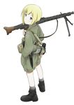  alternate_costume bayonet blonde_hair blue_eyes boots canteen erica_hartmann from_above gun hand_in_pocket highres looking_at_viewer looking_back looking_up machine_gun magazine_(weapon) mg42 military military_uniform millimeter short_hair simple_background sling solo strike_witches uniform weapon white_background world_war_ii world_witches_series 
