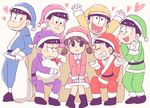  6+boys black_hair blue_santa_costume bowl_cut brothers brown_hair couch green_santa_costume hair_ribbon hands_clasped hat heart heart_in_mouth hizirimode jitome low_twintails matsuno_choromatsu matsuno_ichimatsu matsuno_juushimatsu matsuno_karamatsu matsuno_osomatsu matsuno_todomatsu messy_hair multiple_boys osomatsu-kun osomatsu-san own_hands_together pink_santa_costume purple_santa_costume ribbon sack santa_costume santa_hat sextuplets short_twintails siblings simple_background sitting twintails white_background yellow_santa_costume yowai_totoko 