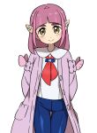  1girl arched_bangs ayakadegozans blue_pants blueberry_academy_school_uniform cardigan coat collared_shirt hair_ornament hairclip highres lacey_(pokemon) long_sleeves looking_at_viewer medium_hair neckerchief open_cardigan open_clothes pants pink_coat pink_hair pokemon pokemon_sv red_neckerchief school_uniform shirt smile solo thick_eyebrows white_shirt yellow_eyes 