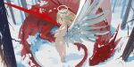  1girl angel angel_wings aqua_eyes ass blonde_hair completely_nude dragon forest halo highres long_hair nature nude original red_scales snow tree tss-mire western_dragon wings 
