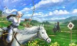  1girl aiming androgynous archery arrow bad_id bad_pixiv_id bird blurry bow_(weapon) brown_hair cloud day depth_of_field drawing_bow fantasy faux_traditional_media field flag flower grass highres hill holding holding_arrow holding_bow_(weapon) holding_weapon horse horseback_riding long_hair original outstretched_arm ponytail quiver reins riding scenery shiki_makoto signature sky solo_focus sun target tent tree vambraces weapon white_hair wind 