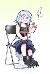  1other androgynous animal_feet bag bare_arms bare_shoulders black_tank_top blue_eyes blue_hair blue_pants candy chair chikafumikou closed_mouth clothes_around_waist eating eyelashes folding_chair food full_body gradient_background highres holding holding_bag holding_candy holding_food jacket jacket_around_waist len&#039;en medium_hair moritake_medias other_focus pants partially_undressed plastic_bag puffy_pants simple_background sitting solo tank_top translation_request v-shaped_eyebrows wavy_mouth white_background white_jacket yellow_background 