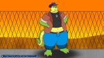 16:9 2023 alligator alligatorid andrewwolf anthro belly biped bottomwear brok_(character) brok_the_investigator clothing crocodilian green_body hat headgear headwear hi_res male navel outside overweight overweight_male pants reptile scalie shirt solo text topwear url widescreen