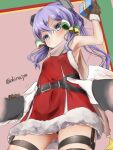  1girl 1other akino_shuu armpits belt black_belt blue_eyes box brown_gloves brown_scarf cowboy_shot gift gift_box gloves hair_between_eyes holding holding_gift kantai_collection langley_(kancolle) long_hair official_alternate_costume purple_hair santa_costume scarf solo_focus thigh_strap twitter_username 