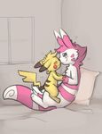  &lt;3 alternate_color ambiguous_gender eskimo_kiss female female/ambiguous fur furret hand_holding moonlight-kat nintendo on_lap pikachu pillow pink_fur pok&eacute;mon video_games yellow_fur 