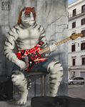  2011 4_toes 5_fingers abs anthro athletic black_fur blue_eyes brown_hair building car claws clothed clothing detailed_background digital_media_(artwork) electric_guitar feline fur guitar guitar_case hair holding_object male mammal maximustiger multicolored_fur musical_instrument outside partially_clothed pecs photo_background rov shorts sitting solo speaker stripes tiger toe_claws toes topless two_tone_fur vehicle watermark white_fur white_tiger 