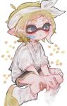  1girl 7om_x2 bandaid bandaid_on_face bandaid_on_leg black_shorts blonde_hair blue_eyes commentary_request full_body hairband inkling inkling_girl medium_hair pointy_ears shirt short_shorts shorts socks solo splatoon_(series) white_background white_hairband white_shirt white_socks yellow_footwear yellow_trim 