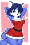 &lt;3 abstract_background absurd_res anthro blackmore blue_body blue_hair breasts canid canine christmas christmas_clothing clothing countershading female fox hair hands_behind_back hi_res holidays krystal mammal nintendo pinup pose smile smiling_at_viewer solo star_fox tail tribal