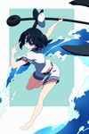  anchor barefoot belt black_hair blue_eyes expressionless full_body hat hat_removed headwear_removed highres mikan_(mkn_0710) murasa_minamitsu sailor sailor_collar sailor_hat shirt short_hair shorts solo swinging touhou water waves 