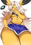 &lt;3 absurd_res anthro aspirindabaitu bottomwear breasts canid clothed clothing eeveelution female fur generation_1_pokemon hair hi_res hotpants jolteon long_ears long_hair mammal medium_breasts nintendo pokemon pokemon_(species) shorts simple_background solo thick_thighs topwear yellow_body yellow_fur