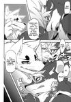  anthro blue_fur blush canine comic duo fox fur greyscale japanese_text male male/male mammal monochrome risuou text whiskers white_fur wolf 