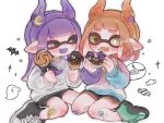  2girls 7om_x2 bandaid bandaid_on_leg bat_(animal) bike_shorts black_footwear black_shorts candy commentary_request crescent_moon cross doughnut eating fake_horns food full_body green_footwear grey_eyes highres horns inkling inkling_girl jellyfish_(splatoon) long_hair medium_hair moon multiple_girls open_mouth orange_hair orange_trim pointy_ears purple_hair sheet_ghost shirt shoes short_shorts shorts silk sitting sparkle spider_web splatoon_(series) star-shaped_pupils star_(symbol) symbol-shaped_pupils white_background white_shirt yellow_eyes 